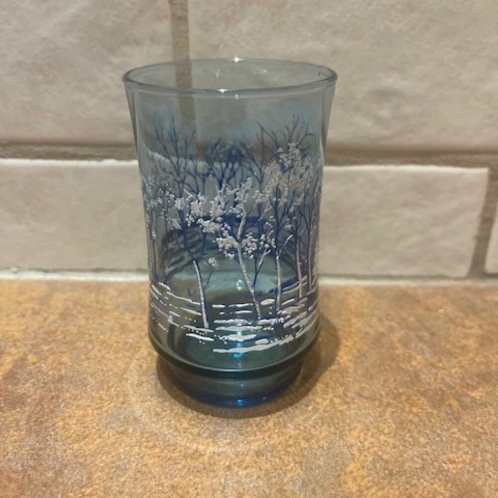 Vintage Libby Blue juice glass Winter Snow Trees Landscape Libbey Only 1 4oz